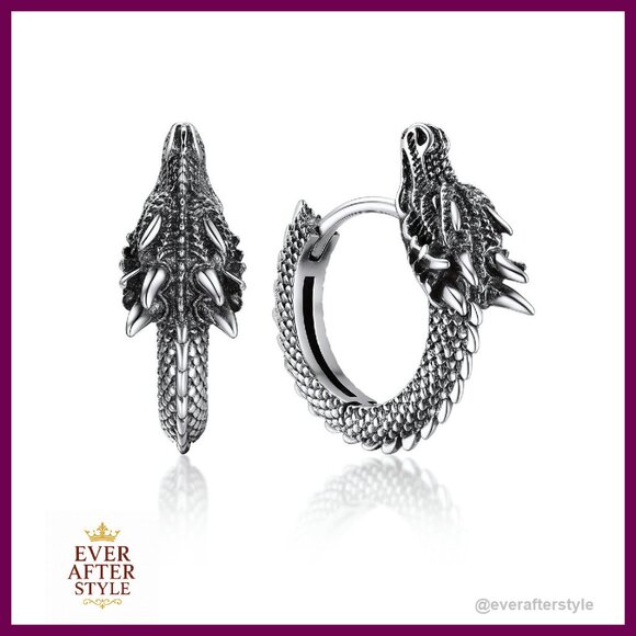 Jewelry - Dragon Huggie Earrings Stainless Steel Silver Hypoallergenic Retro Punk Style